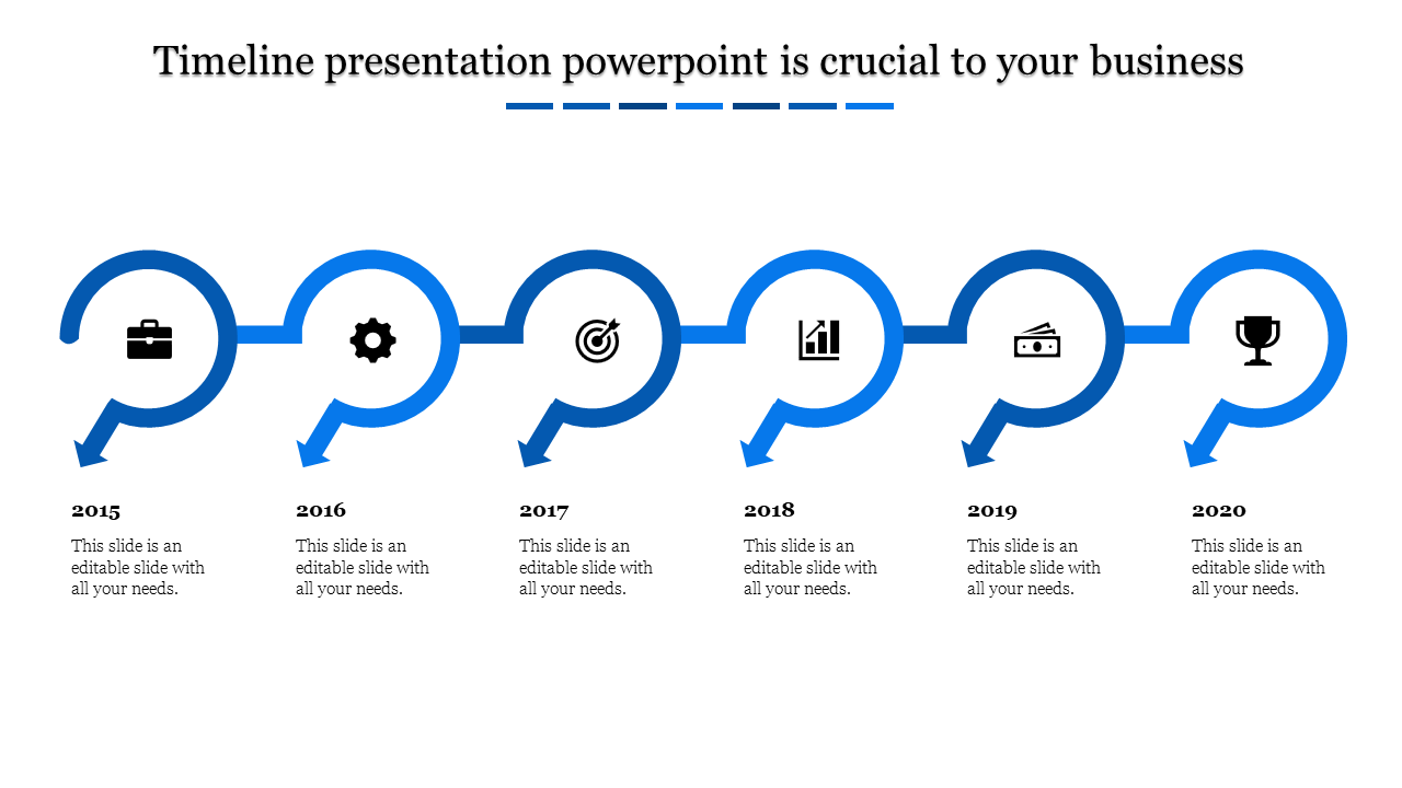 Horizontal business timeline in orange theme featuring icons above years and curved connecting arrows.