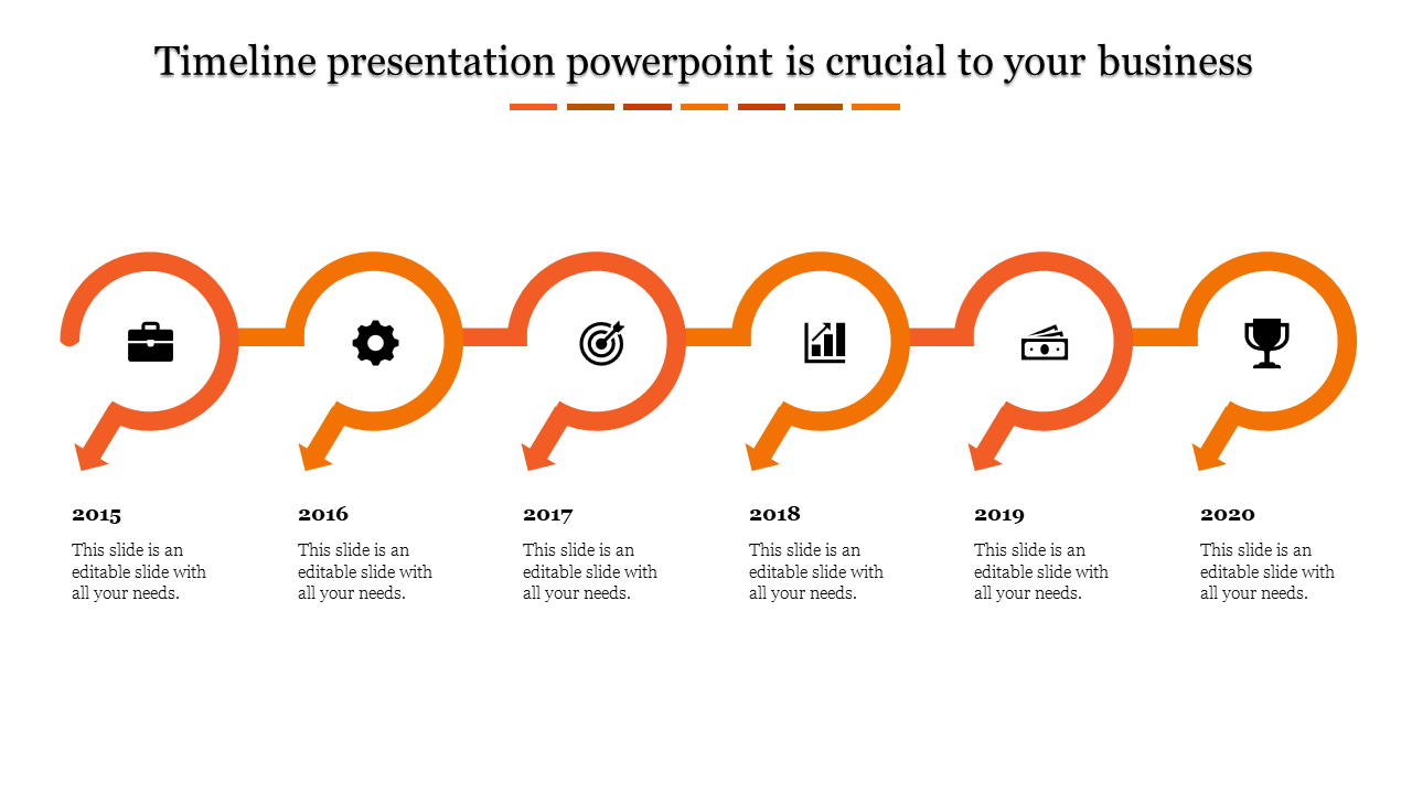 Horizontal business timeline in yellow theme featuring icons above years and curved connecting arrows.