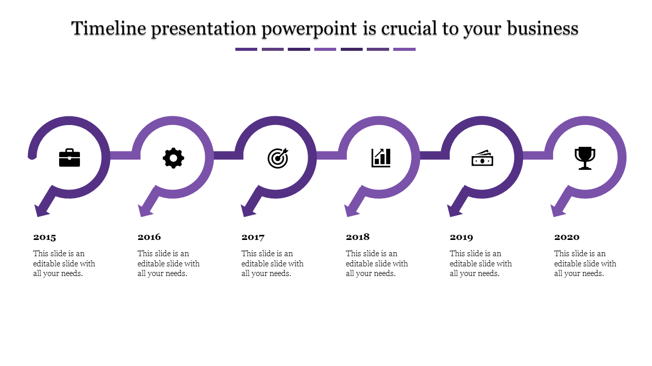 Timeline PPT slide with purple arrows for the years 2015 to 2020, featuring icons for business milestones with text area.