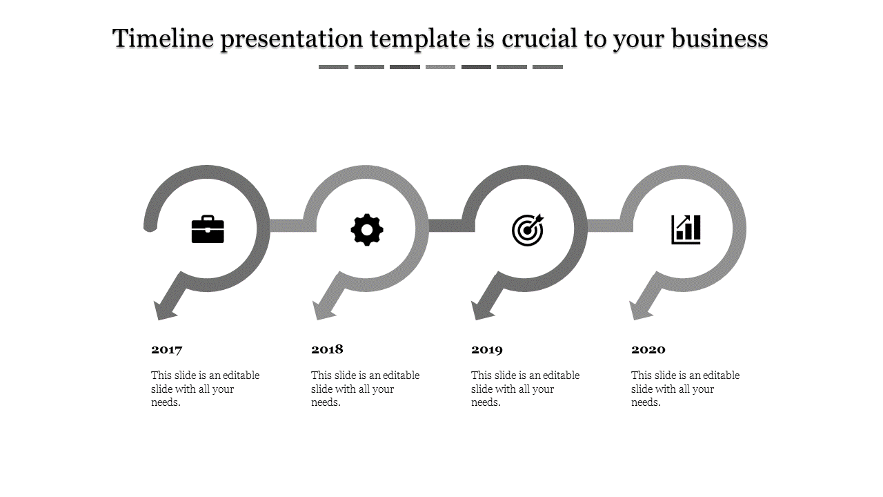 A minimal timeline with four purple arrow loops featuring icons for each year milestone each with caption areas.