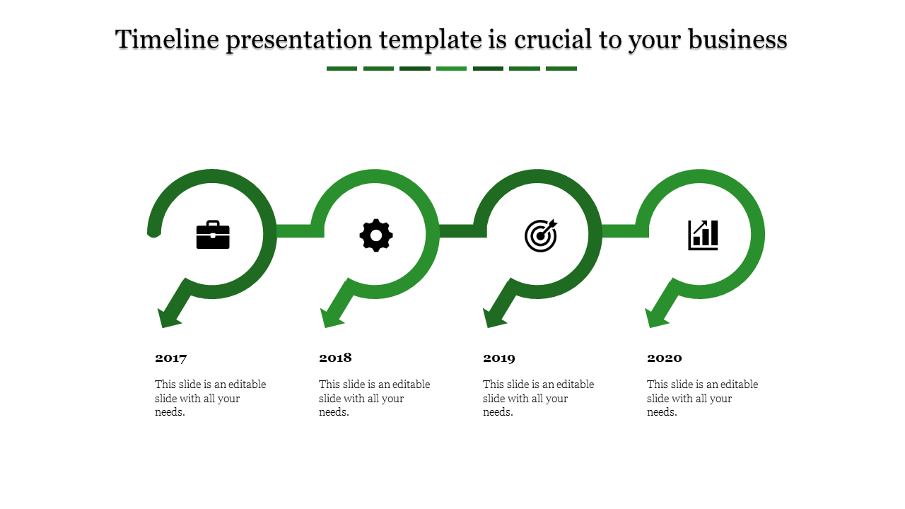 Timeline PPT design slide with green circular markers and arrows for the years 2017 to 2020, featuring icons for milestones.