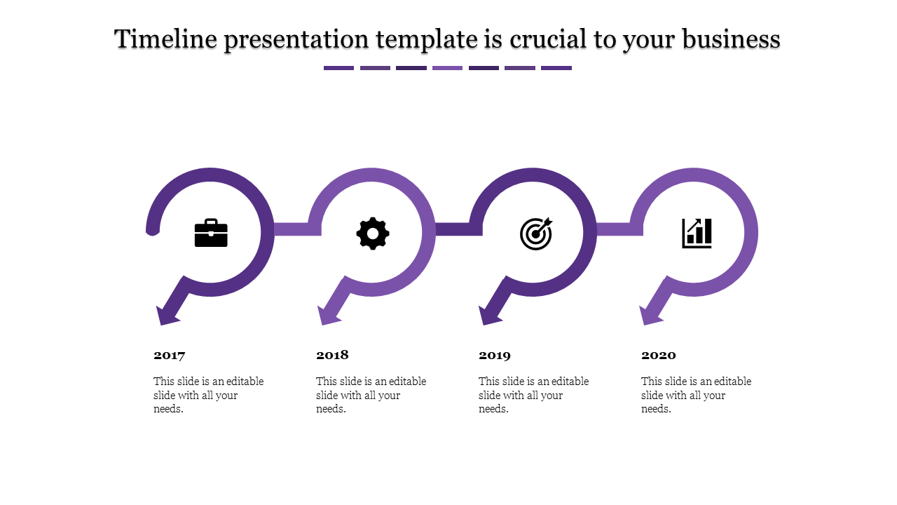 Business timeline slide featuring colorful arrow shapes and icons for each milestone placed in a white background.
