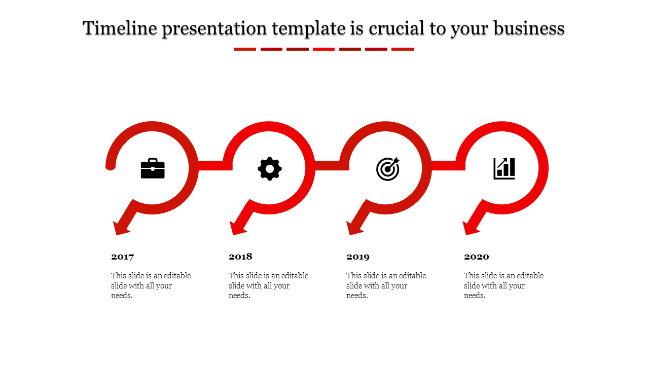 Red themed timeline PPT design slide with circular markers and arrows for the years 2017 to 2020, featuring icons for milestones.
