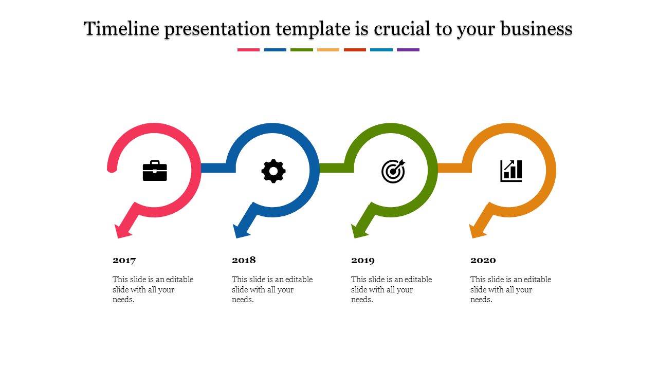 Business timeline slide featuring colorful green arrow shapes, caption areas and icons for each milestone.