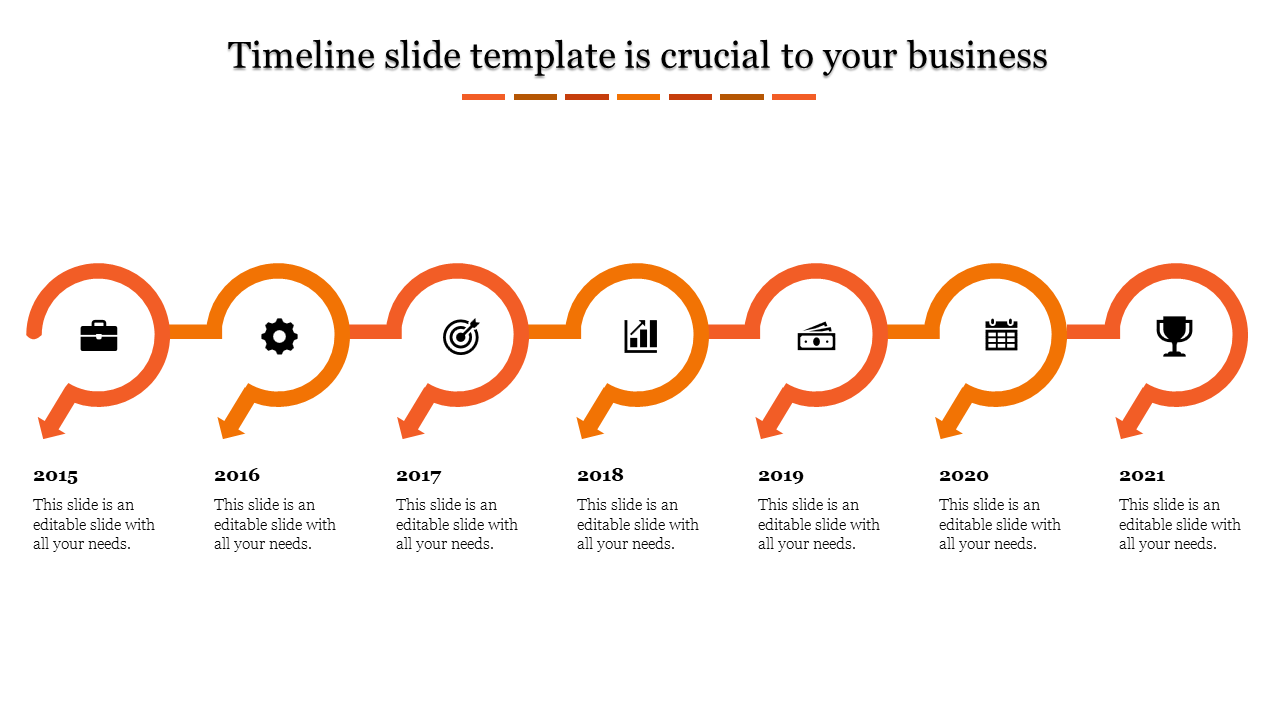 Circular arrow timeline with icons and years 2015 to 2021 in red, blue, green, orange, purple, and cyan.