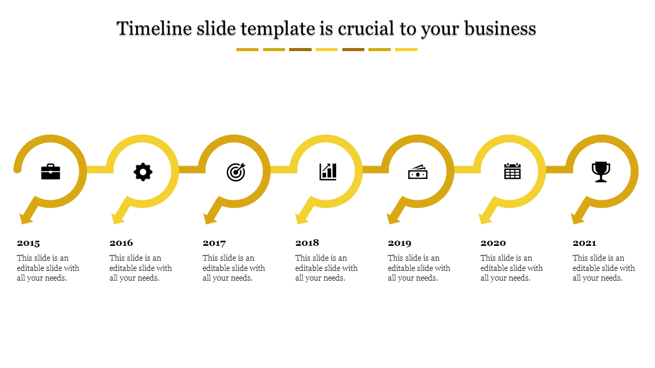Timeline with seven yellow circular markers for years 2015 to 2021, each containing icons, linked with captions beneath.
