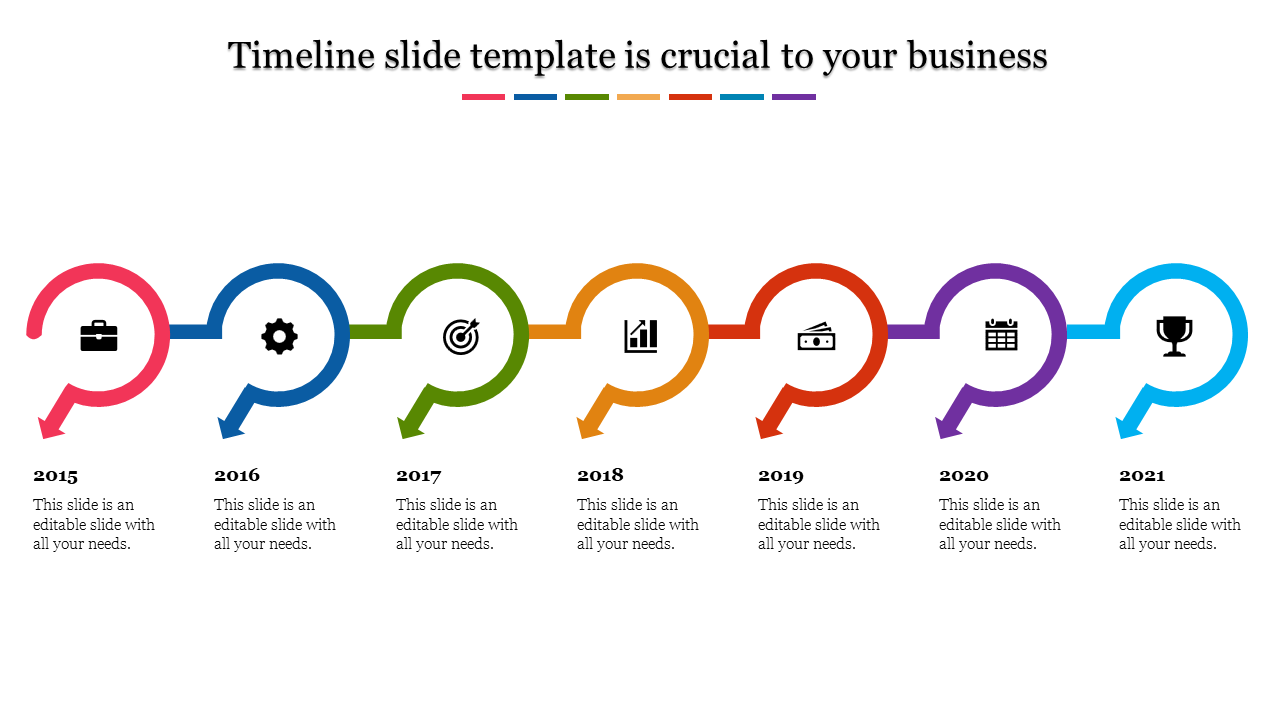 Ascending timeline with purple year markers and captions on a minimalist architectural grid background.