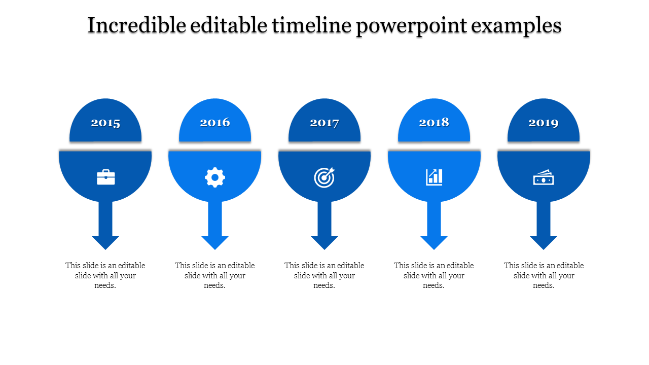 A PowerPoint timeline slide featuring blue circular markers for 2015 to 2019, each with a corresponding icon and captions.