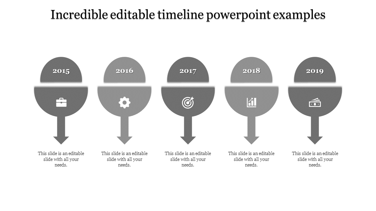 Grayscale timeline featuring five semi circle markers, with arrows pointing down, and icons representing different years.