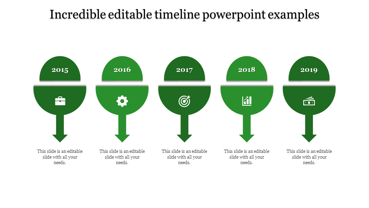 Horizontal timeline template with five red semicircles labeled 2015 to 2019, each connected to icons and captions below.