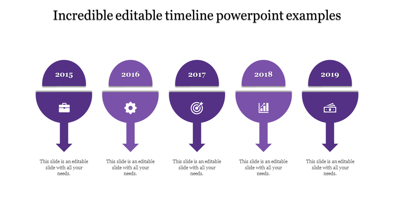 Purple themed business timeline with five sections, featuring circular elements, and downward arrows for each year.