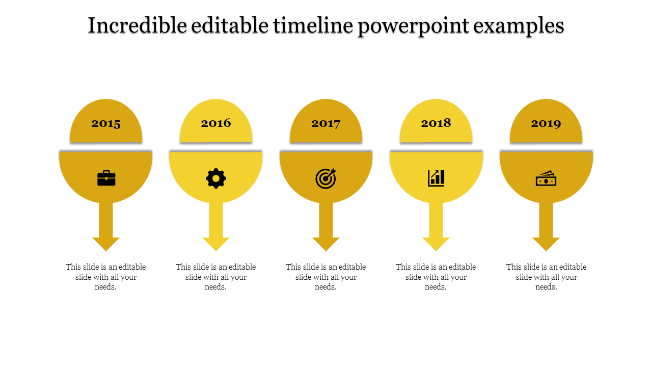 A PowerPoint timeline design with yellow markers representing the years 2015 to 2019 and corresponding icons.