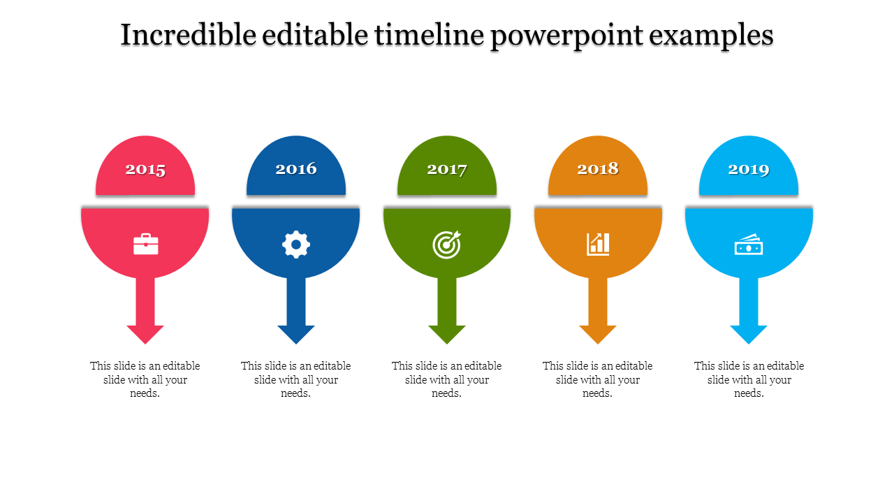 Slide featuring a structured five step timeline with red, blue, green, orange, and teal semi circular sections.