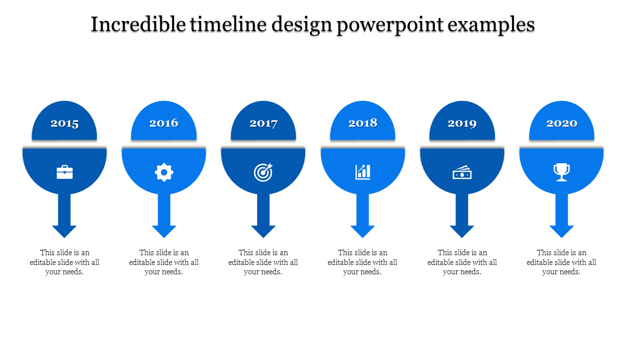 Orange semicircle timeline displaying years 2015 to 2020, linked to business icons and descriptive captions areas.