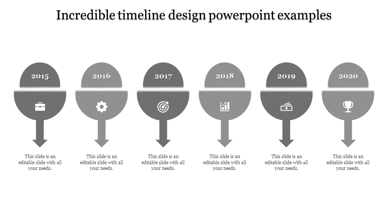 A timeline slide design showcasing the years 2015 to 2020 with different gray icons for each year with placeholder text.