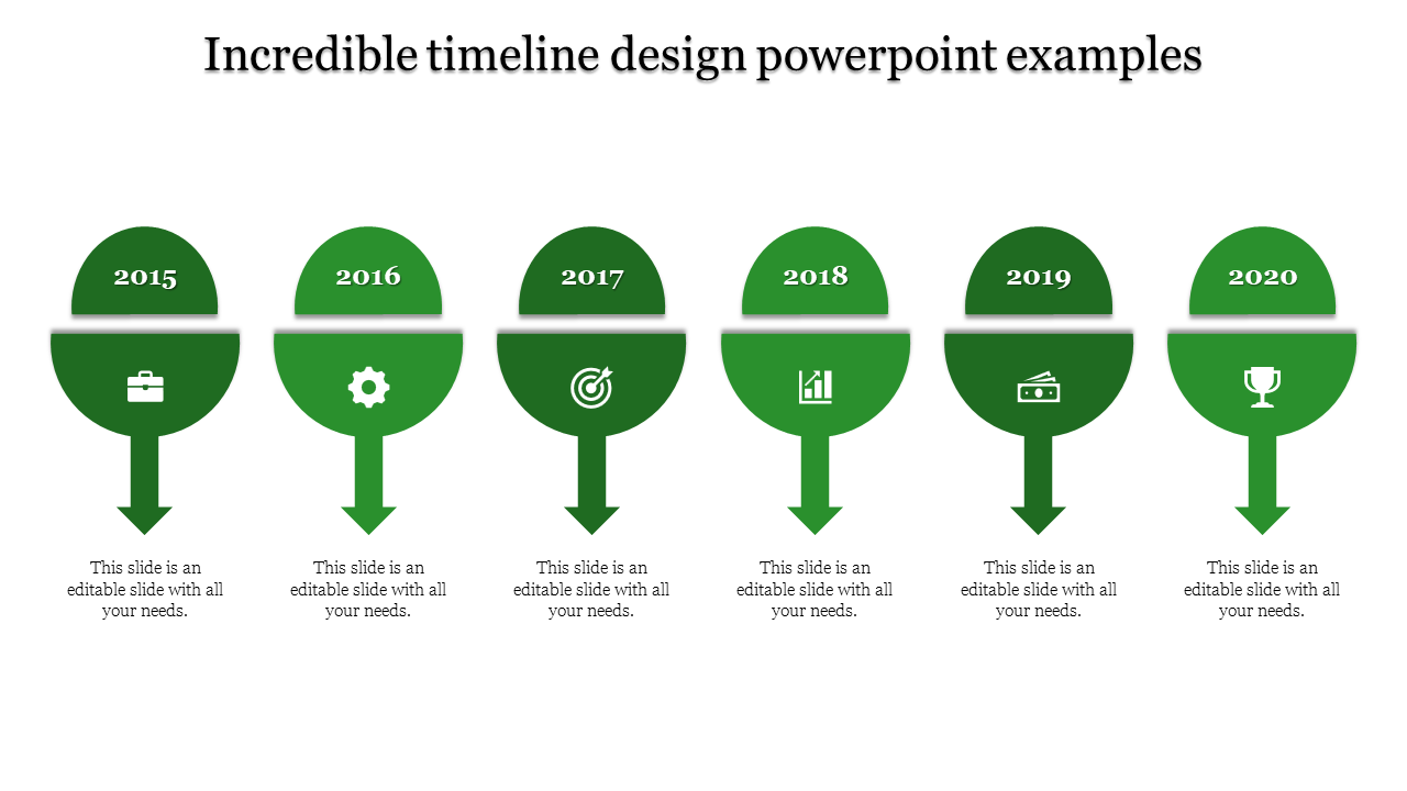 Six step green timeline infographic with semi circle markers, arrows, and icons for years from 2015 to 2020.