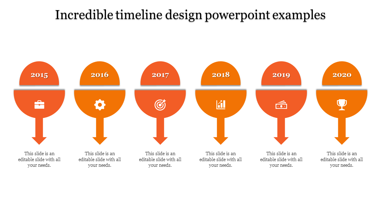Yellow semicircle timeline displaying years 2015 to 2020, linked to business icons and descriptive captions.