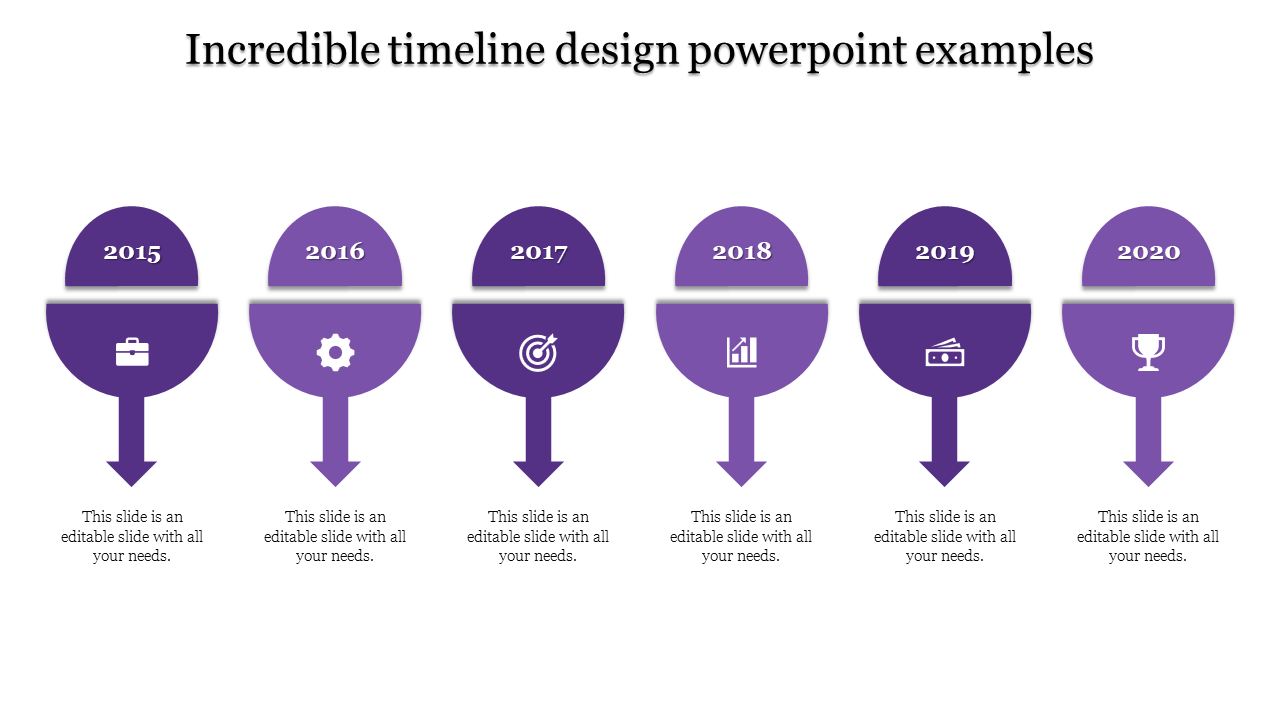 A timeline slide design showcasing the years 2015 to 2020 with different purple icons for each year with placeholder text.