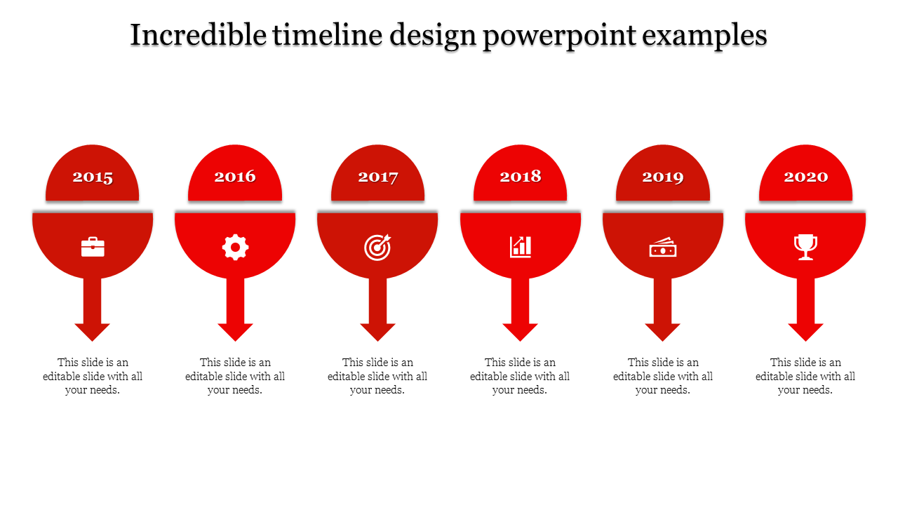 Structured timeline with six red circular markers, downward arrows, and milestone years from 2015 to 2020.