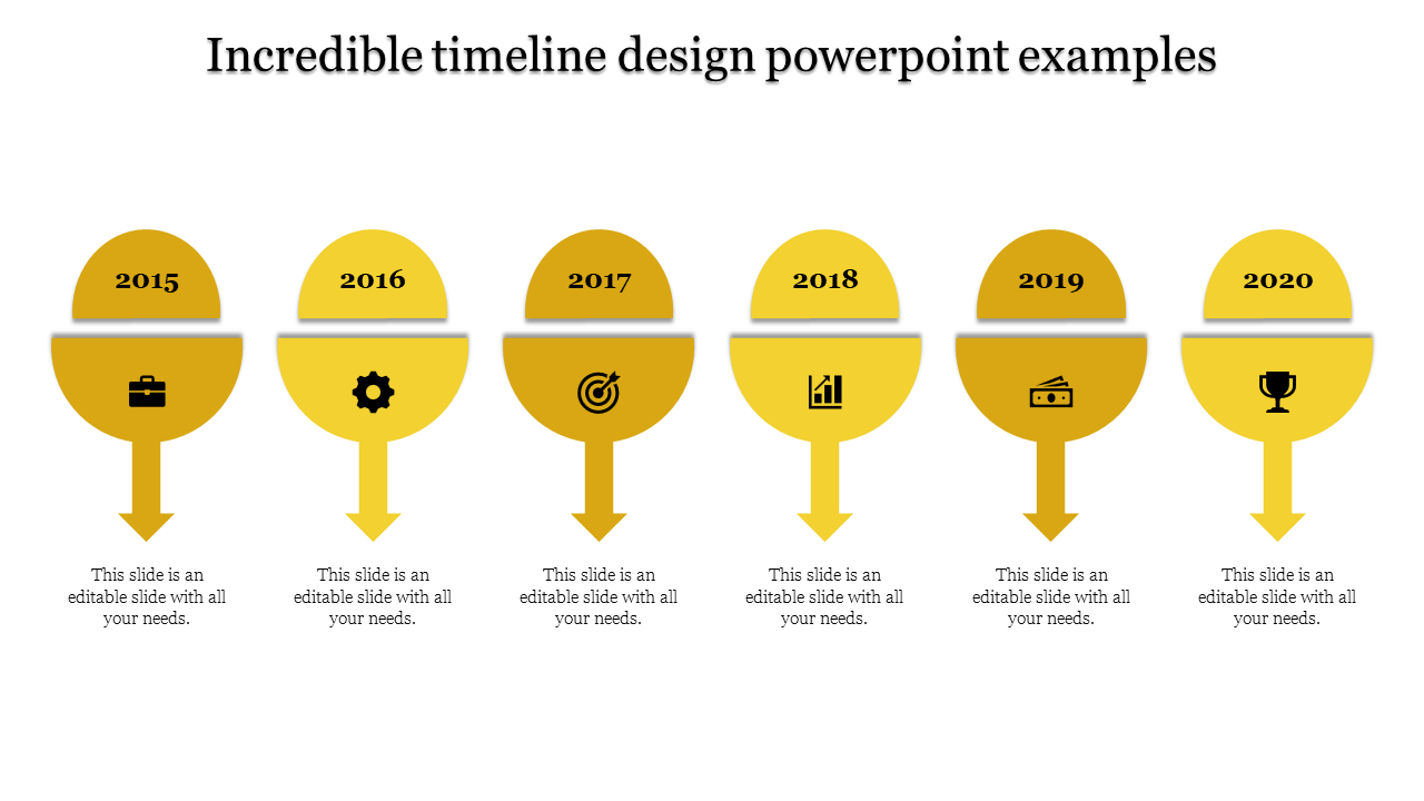 Vertical timeline template with five red diamond milestones connected to circular nodes, linked to text boxes with icons.