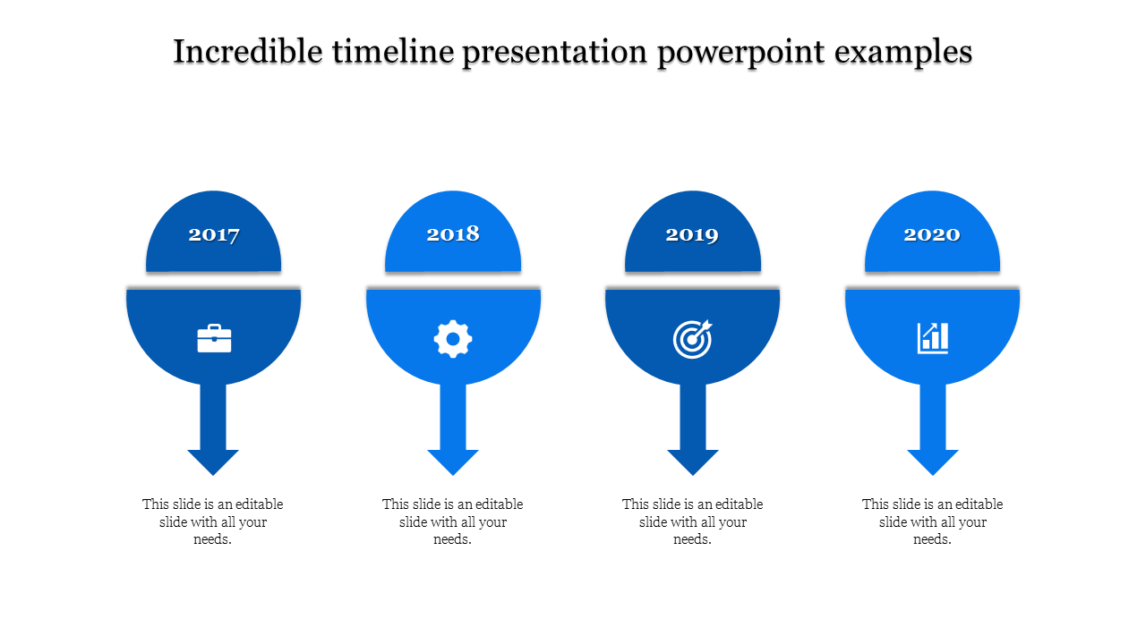 Infographic slide featuring a four step blue timeline, highlighting years and key symbols for each stage.