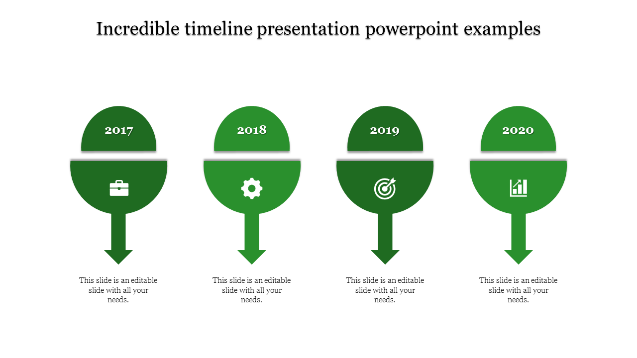 A green themed timeline PowerPoint slide with four stages, each representing the year 2017 to 2020 with corresponding icons.