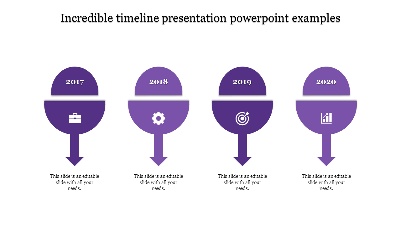 Slide displaying a linear timeline from 2017 to 2020, using purple circular markers with icons and descriptions.