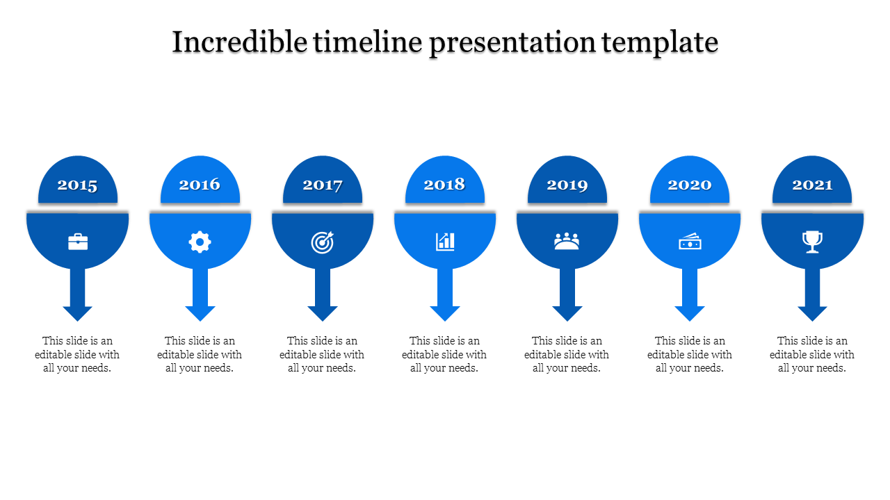 Seven step orange timeline from 2015 to 2021 with icons and downward arrows under each year placed in the white background.