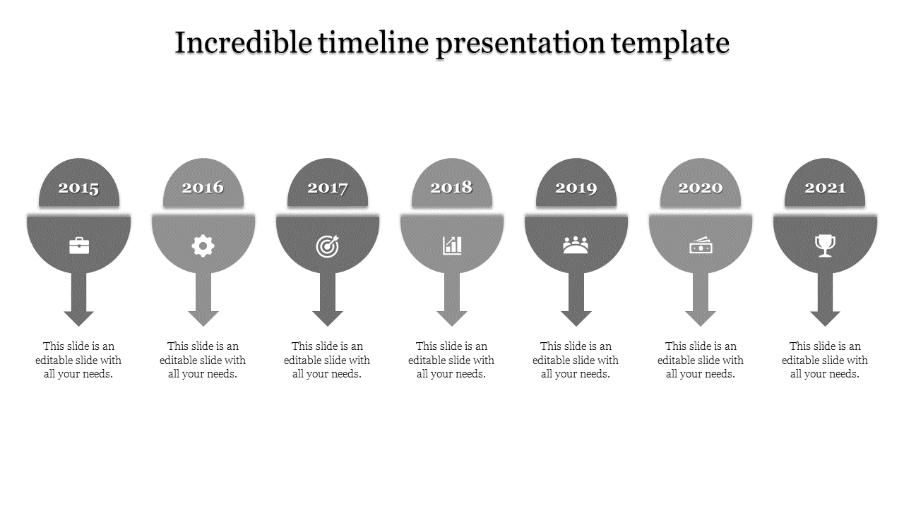 A grey themed timeline presentation template with seven stages from 2015 to 2021, each represented by a circular icon.