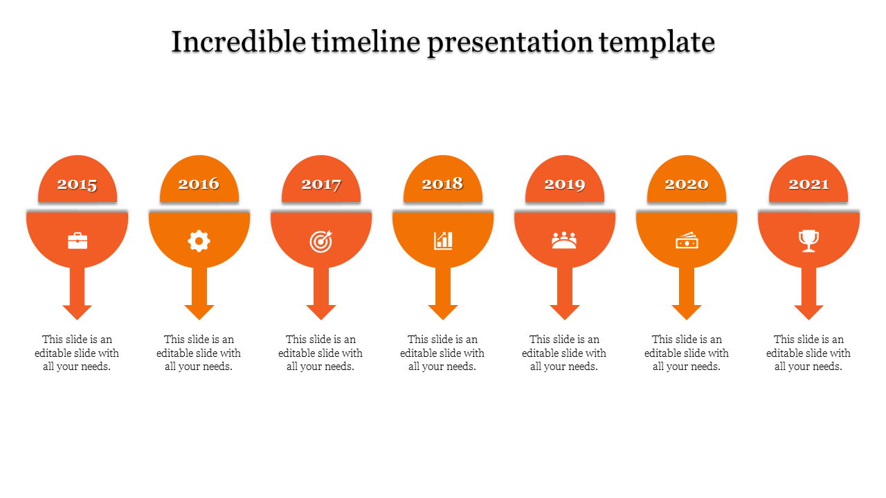 Yellow semicircle timeline showing years 2015 to 2021, each with an icon and downward arrow placed in the white background.
