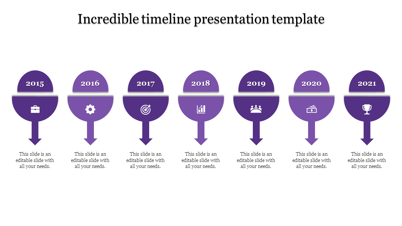 A timeline presentation template with seven years from 2015 to 2021, each represented by a purple circular marker and icon.