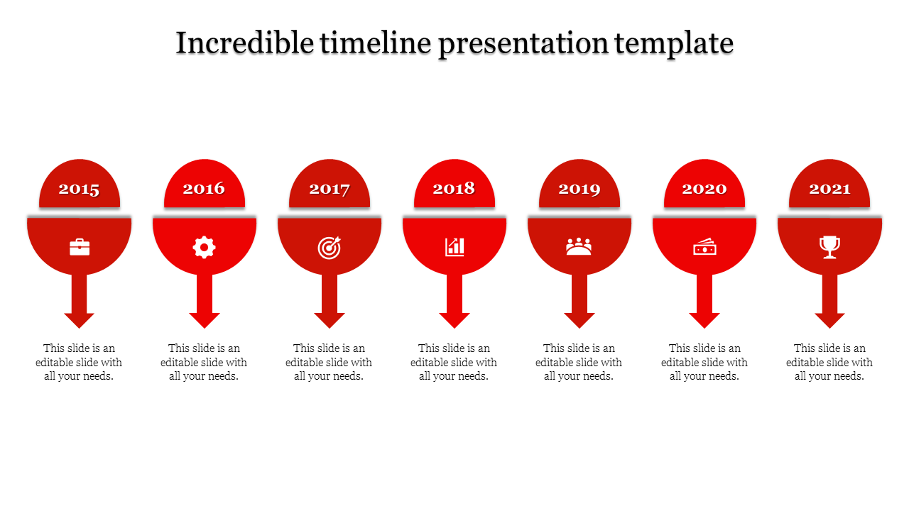 Timeline with seven red half circle icons for each year, representing business milestones with arrows pointing down.