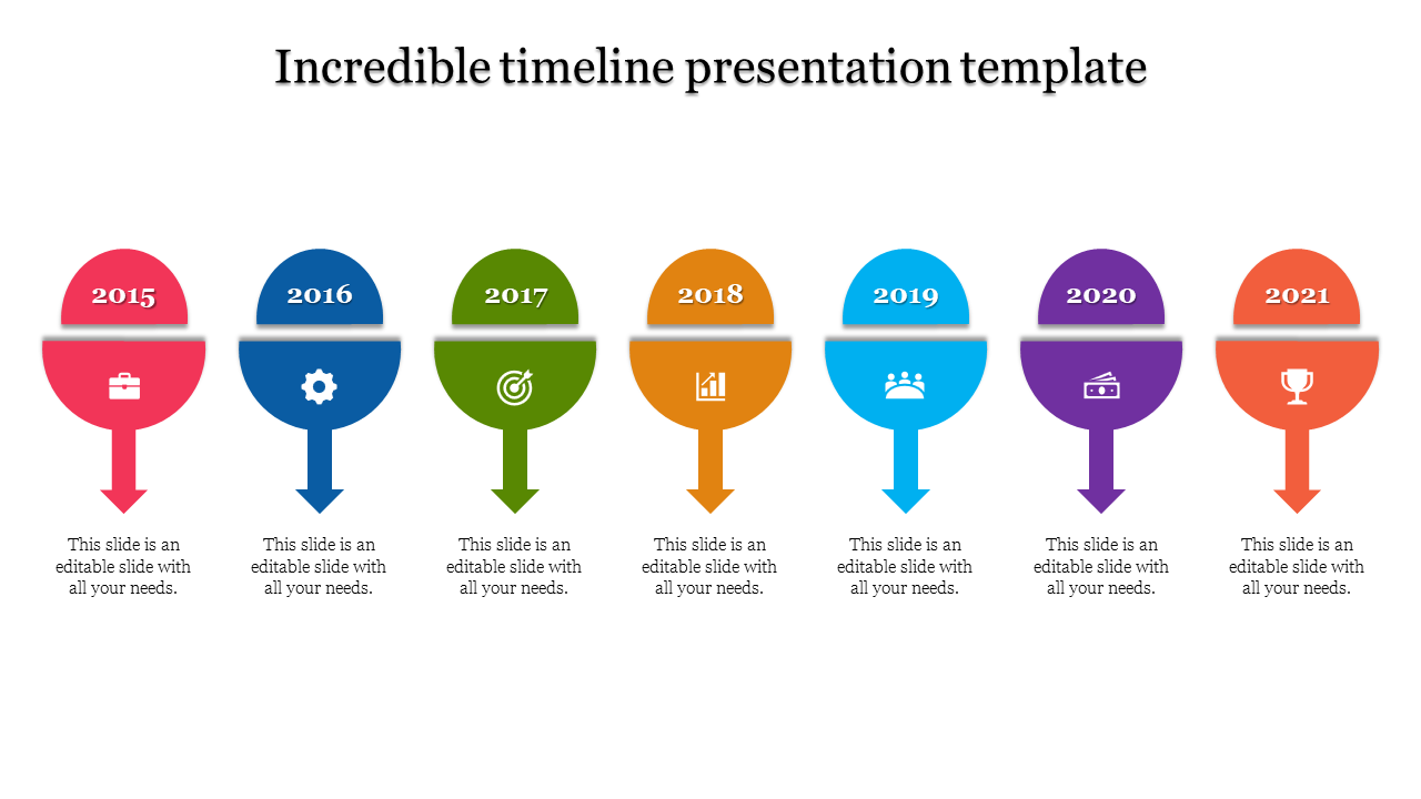 A colorful timeline presentation template with seven years from 2015 to 2021, each represented by a circular marker and icon.