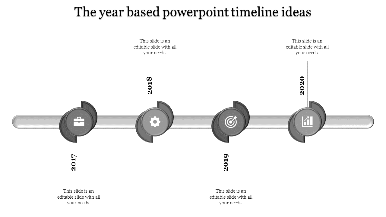 A professional timeline slide in grayscale, covering the years 2017 to 2020, with icons for work, settings, goal, and growth.
