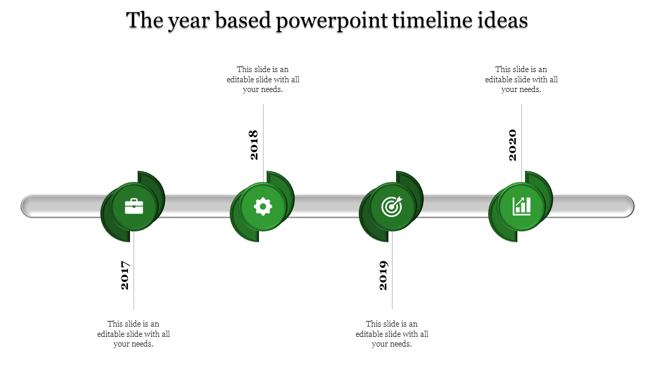 Horizontal timeline with a silver bar, featuring four green circular icons and years from 2017 to 2020.