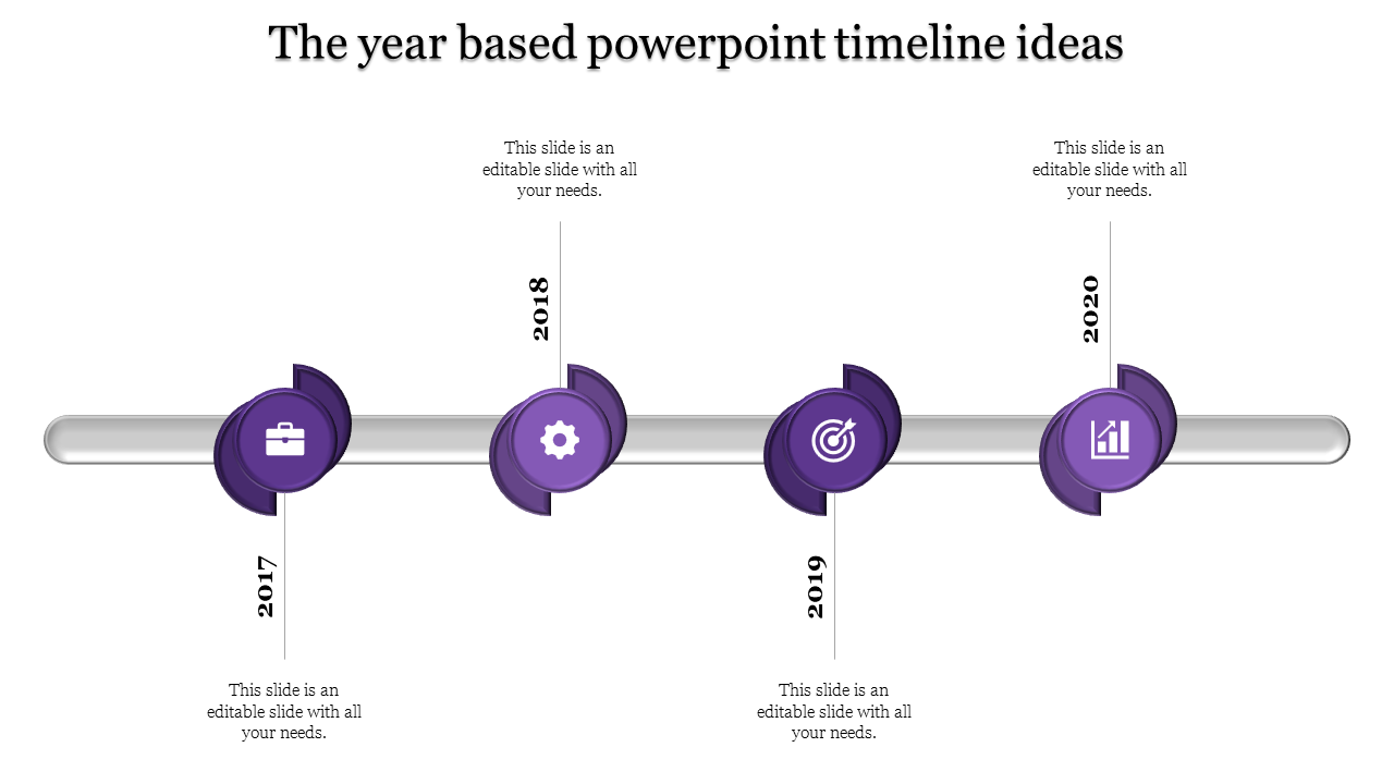 A year based timeline PPT slide featuring milestones from 2017 to 2020 with purple icons representing different stages.