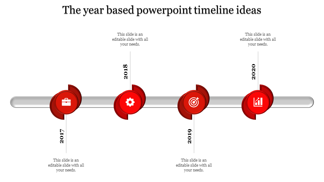 Timeline infographic with four red circular icons along a gray horizontal line, representing years 2017 to 2020.