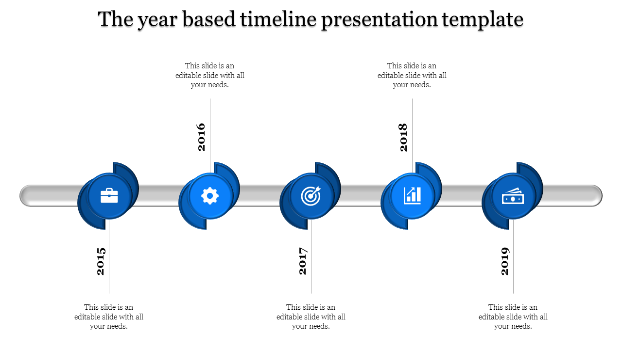 Blue themed year based timeline PowerPoint template from 2015 to 2019, with icons representing business milestones.