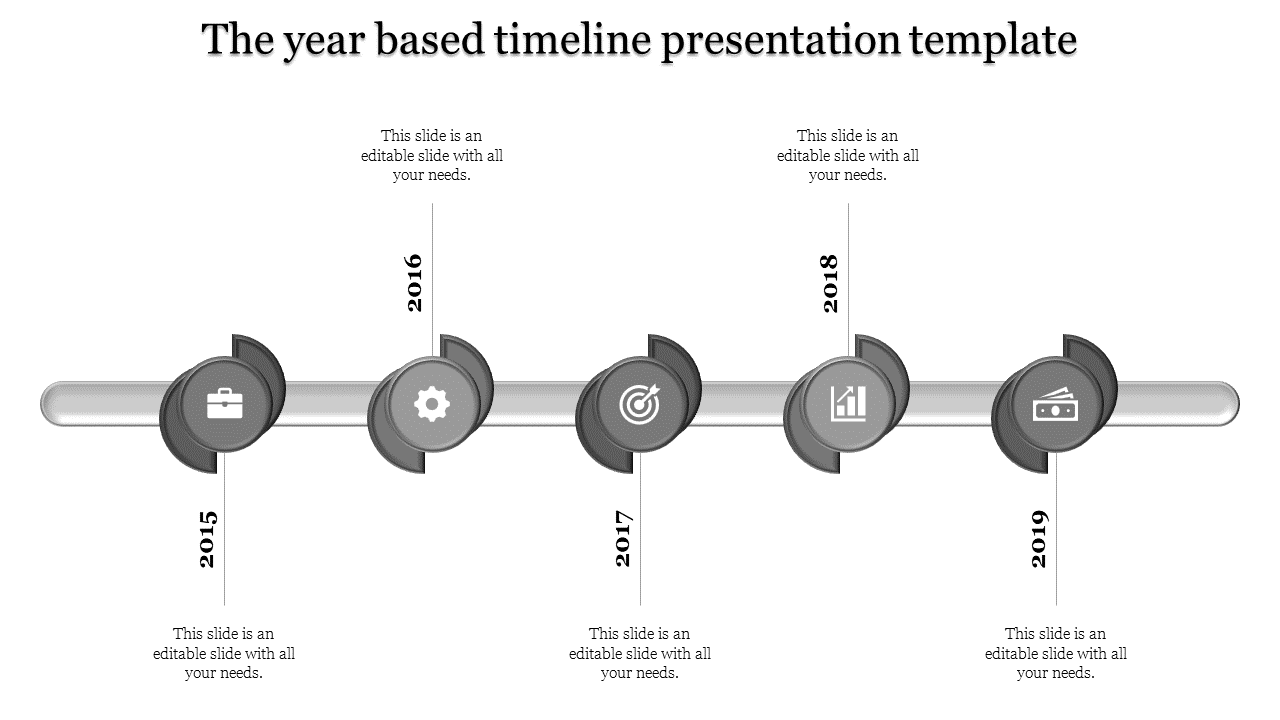 Grayscale timeline with circular milestone markers from 2015 to 2019, connected by a silver horizontal bar.