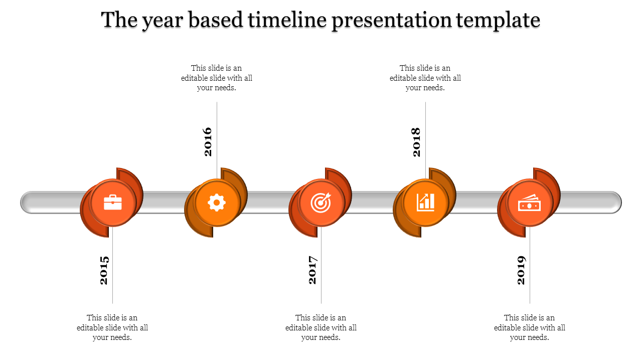 Timeline PPT slide with orange icons representing key milestones in business from 2015 to 2019 and placeholder text.