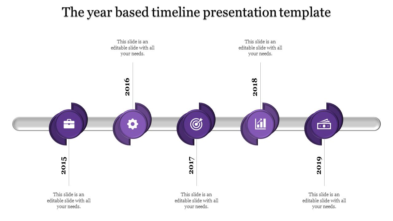Infographic timeline featuring five purple circular icons on a silver bar, marking key years from 2015 to 2019.