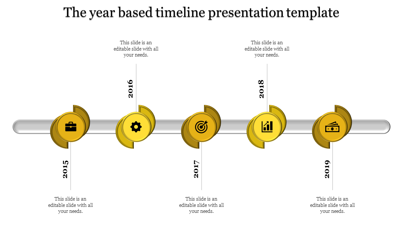 Timeline PPT slide with yellow icons representing key milestones in business from 2015 to 2019 and placeholder text.