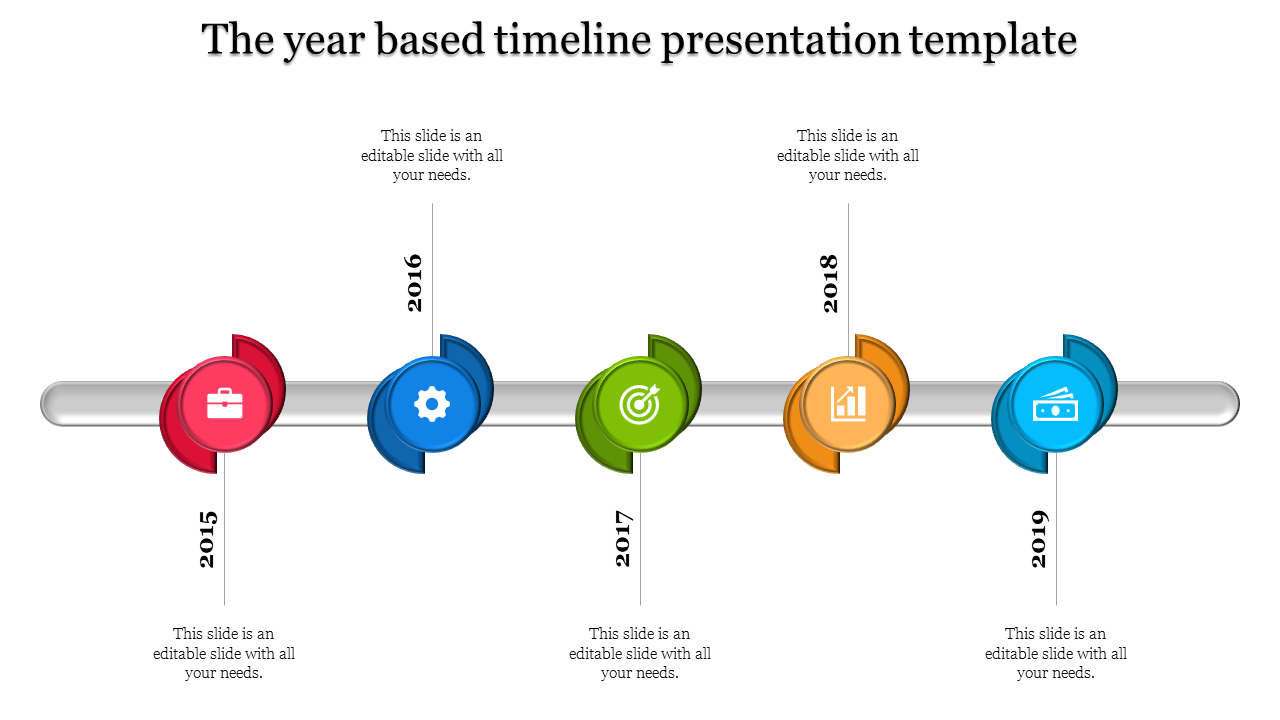 Colorful timeline with circular markers in red, blue, green, orange, and teal, connected by a silver bar from 2015 to 2019.