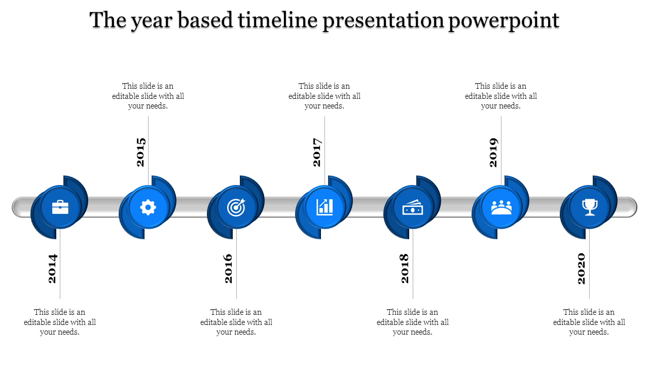 Timeline presentation template with blue icons and years from 2014 to 2020, highlighting important business milestones.