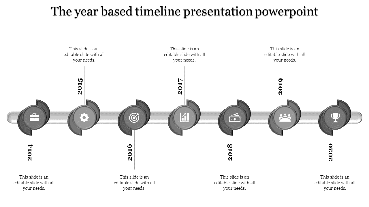 Grayscale horizontal timeline with circular icons and vertical year markers from 2014 to 2020 on a silver bar.