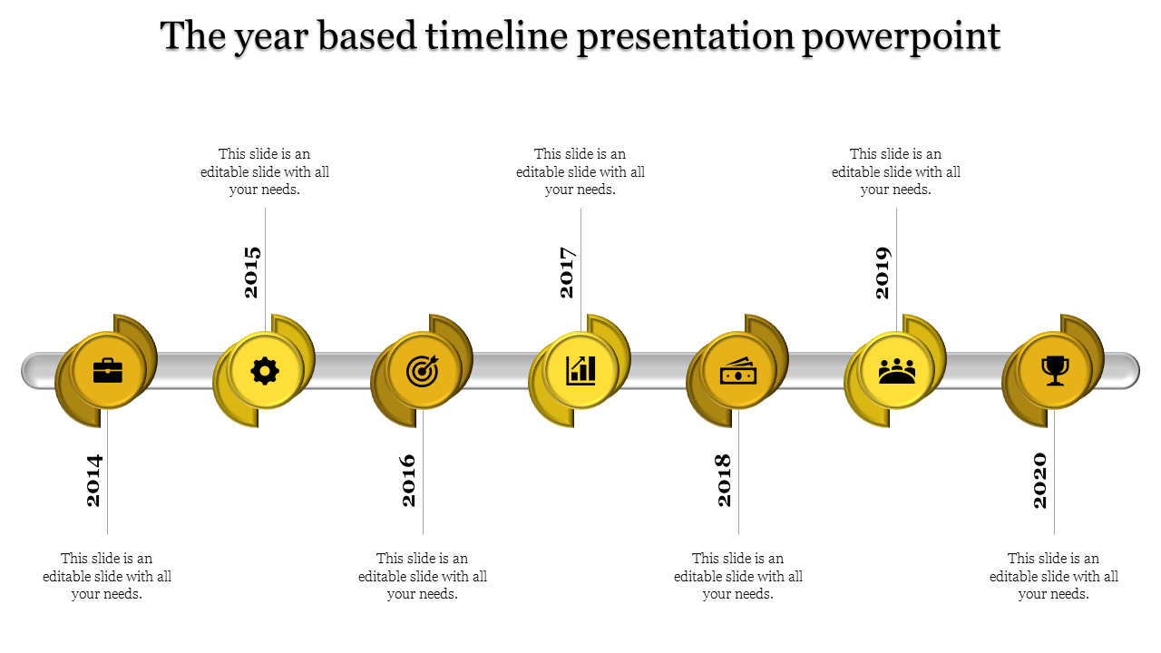 Timeline presentation template with icons representing key events from 2014 to 2020 in a yellow color scheme.