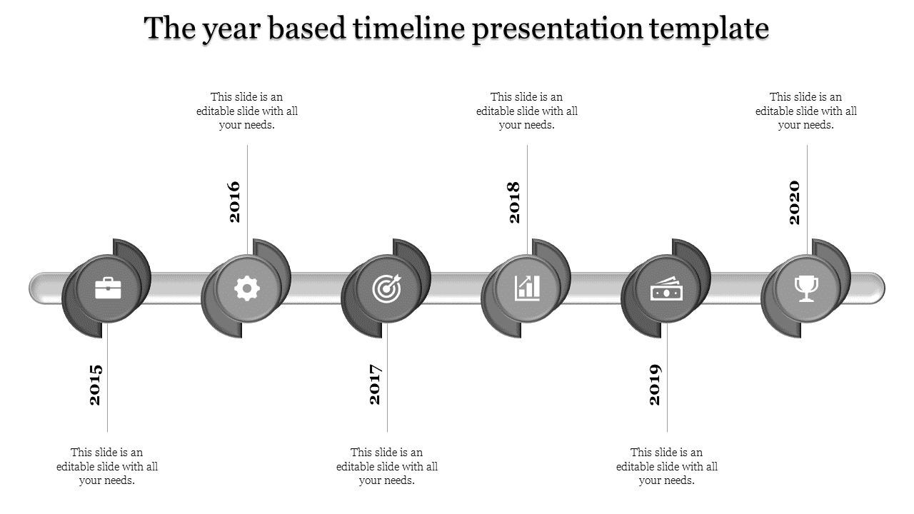 Timeline slide with years marked 2015 to 2020, each year accompanied by a relevant grey icon and text placeholders.