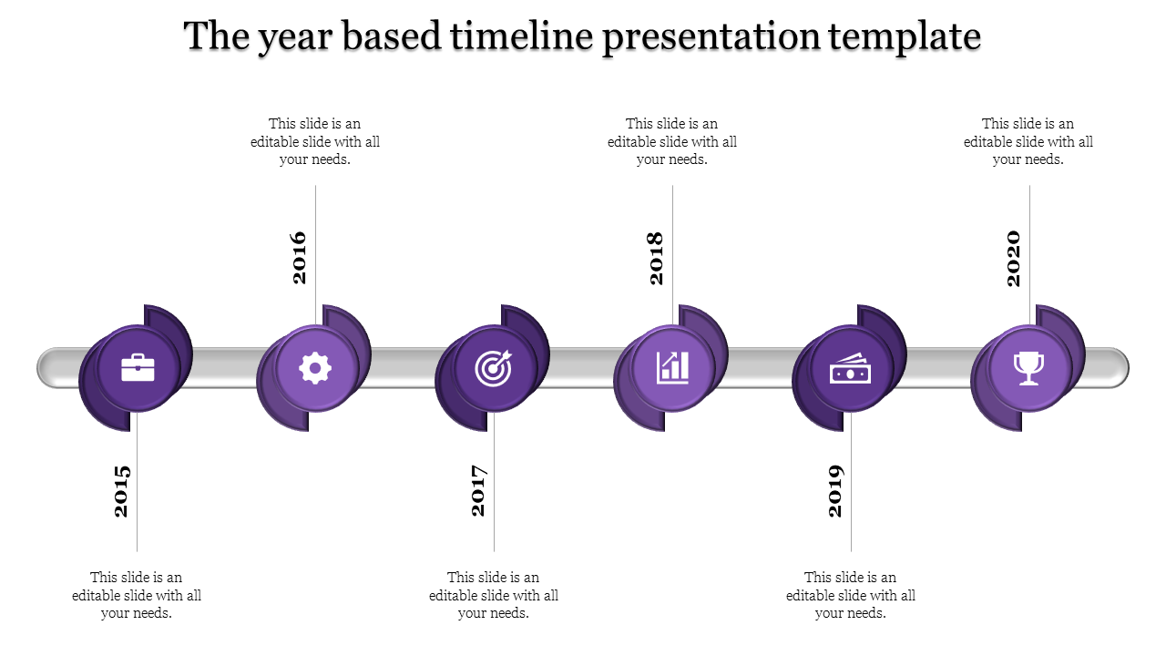 Timeline slide with years marked 2015 to 2020, each year accompanied by a relevant purple icon and text placeholders.
