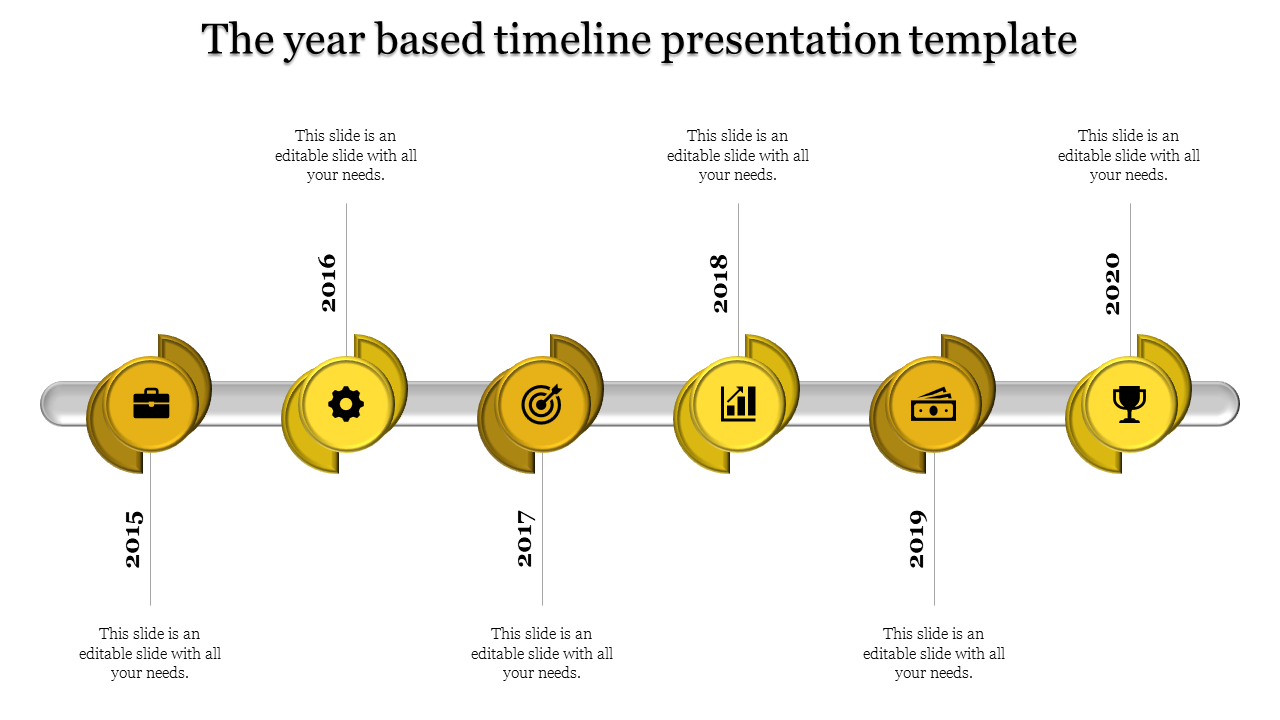 Timeline slide featuring six yellow milestone markers, on a silver bar, and labeled years from 2015 to 2020.
