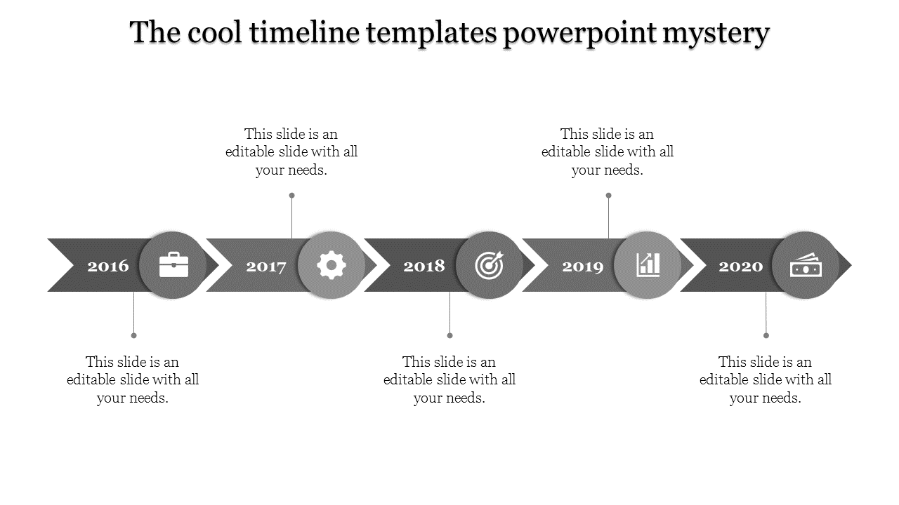 A cool timeline PPT slide in grey, with years from 2016 to 2020, each year associated with an icon and placeholder text.